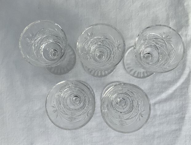 group of 5 vintage crystal stemmed glasses